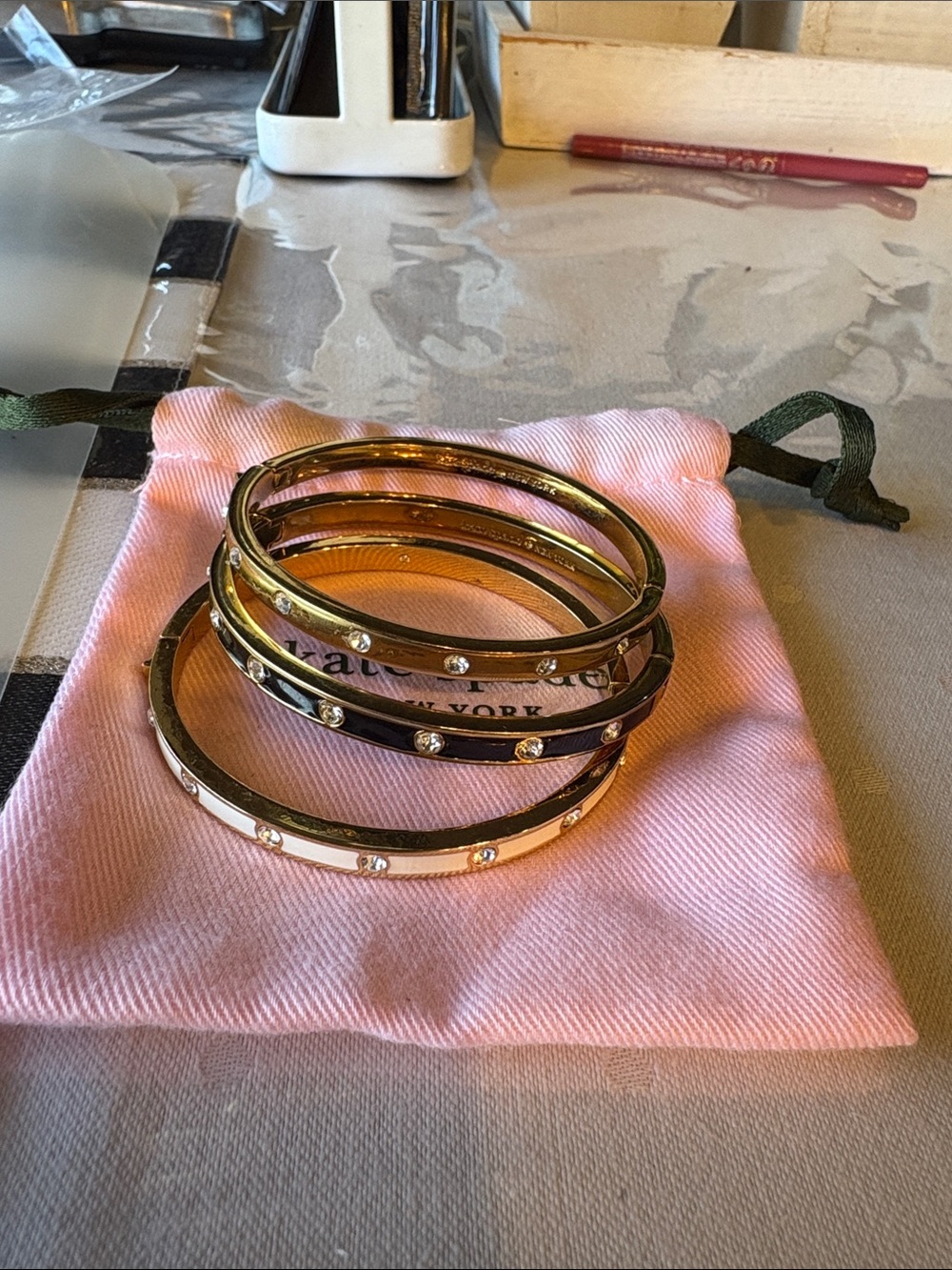 kate spade Gold, Black and Cream Crystal Accent Bangle Set